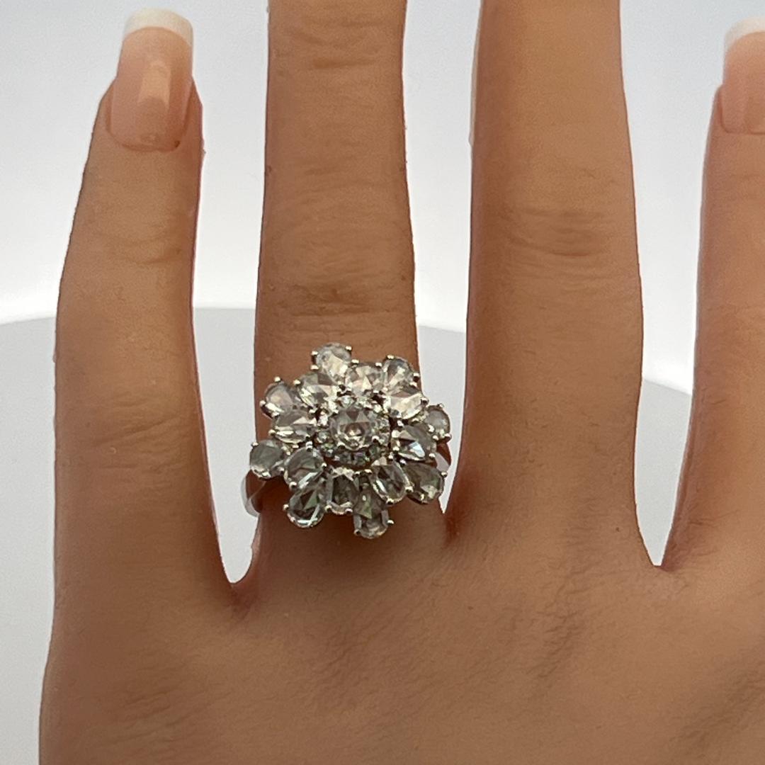 18K White Gold Cluster Ring 3.06 Carat Round & Rose Cut G VS Diamonds Size 7