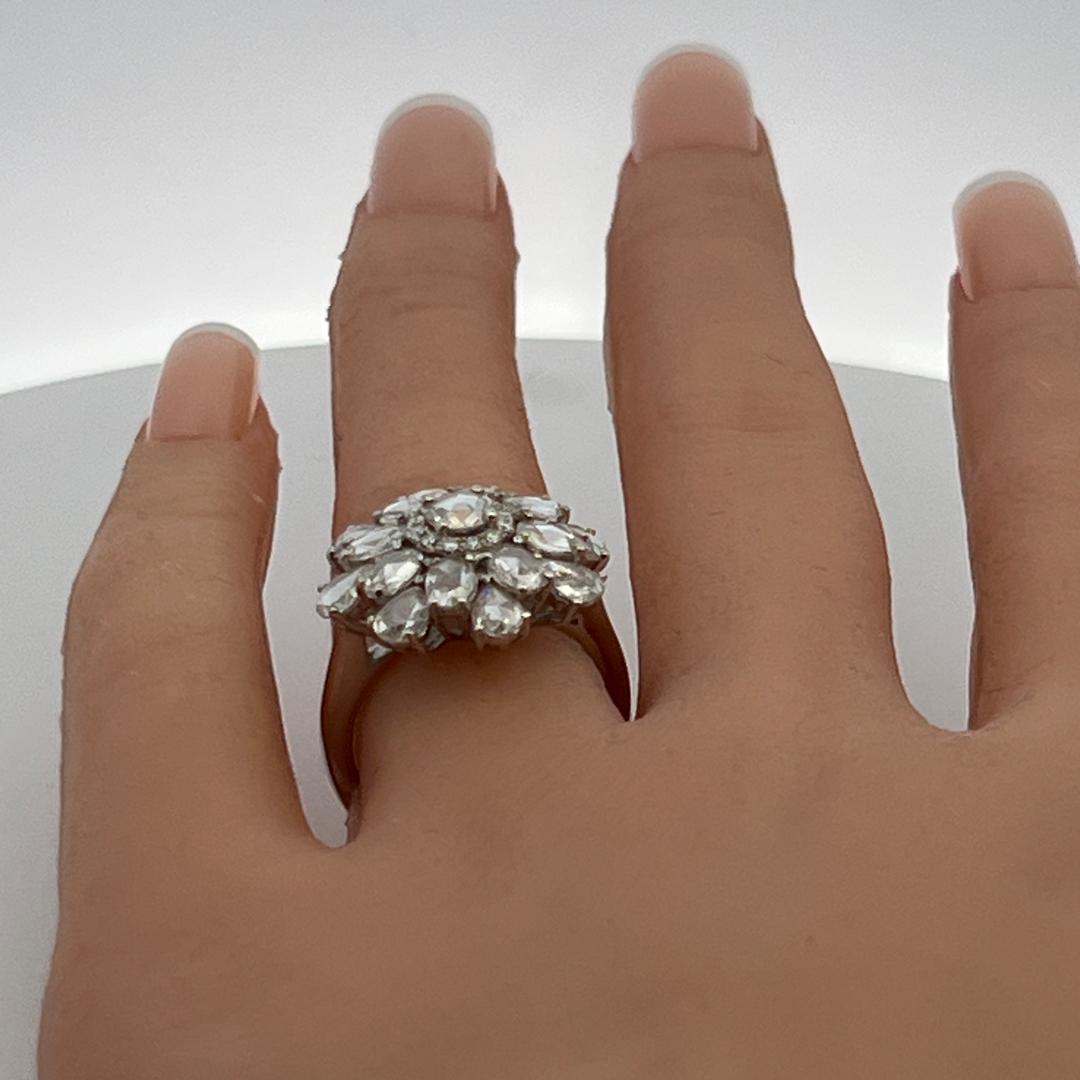 18K White Gold Cluster Ring 3.06 Carat Round & Rose Cut G VS Diamonds Size 7