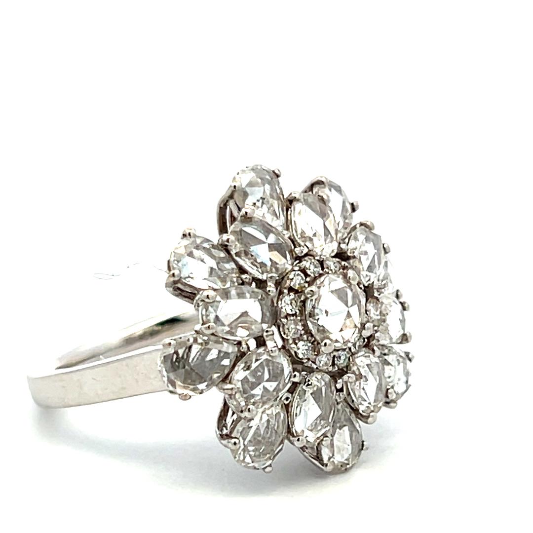 18K White Gold Cluster Ring 3.06 Carat Round & Rose Cut G VS Diamonds Size 7