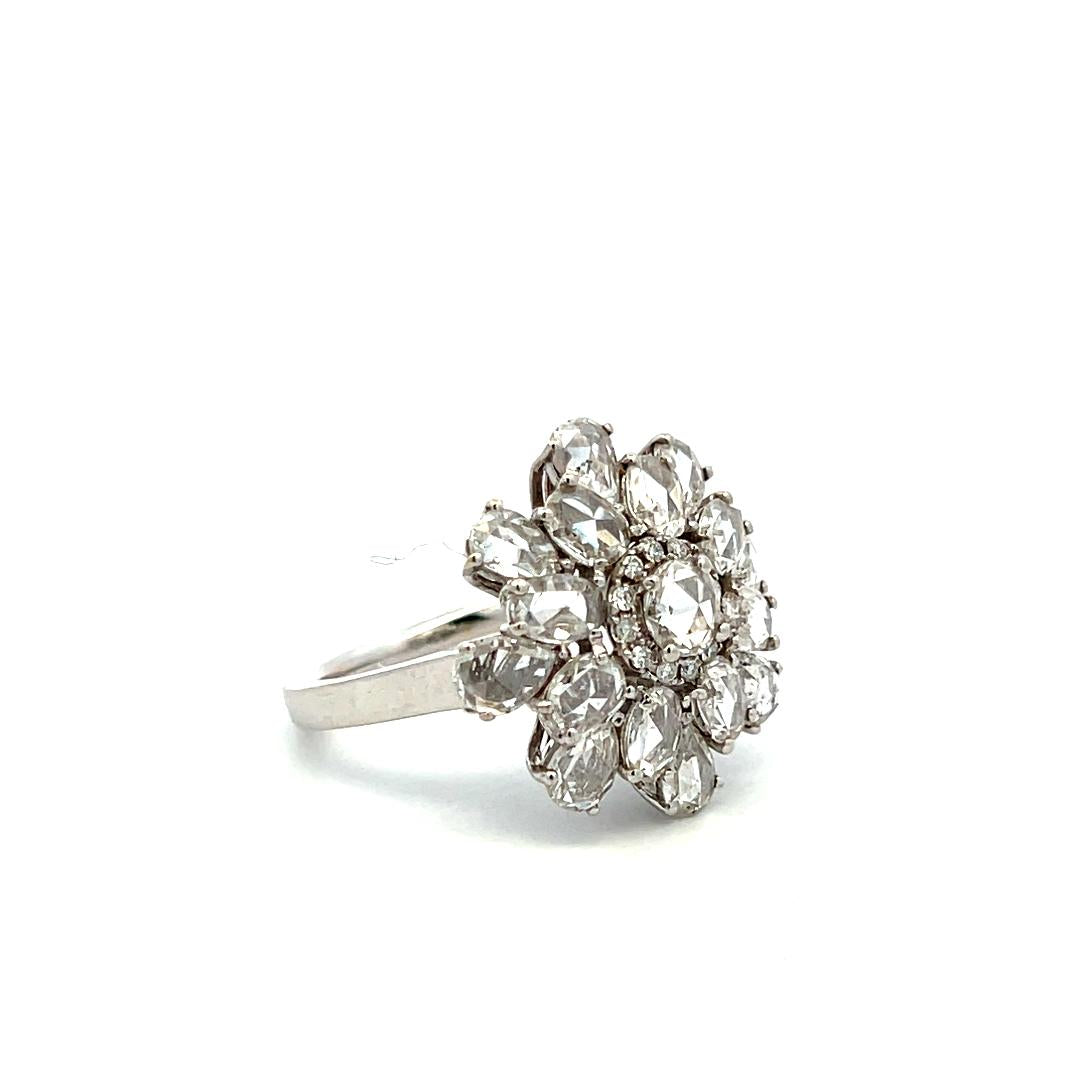18K White Gold Cluster Ring 3.06 Carat Round & Rose Cut G VS Diamonds Size 7
