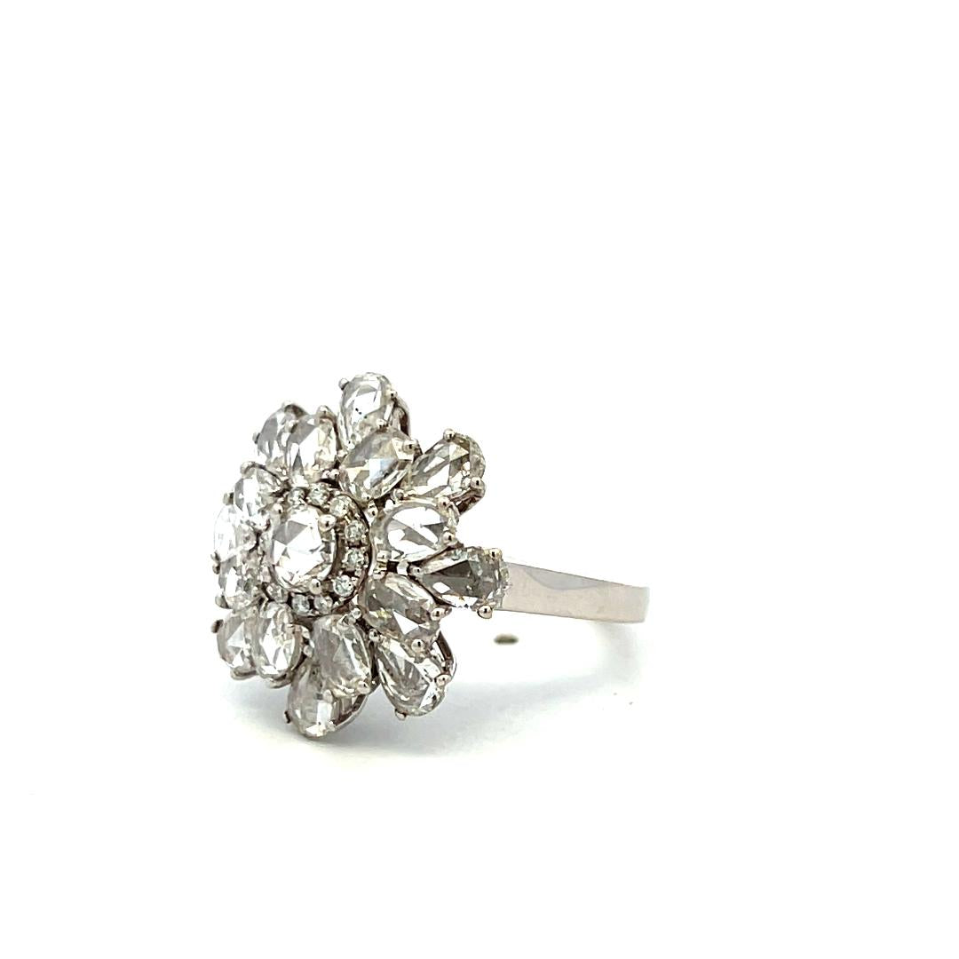 18K White Gold Cluster Ring 3.06 Carat Round & Rose Cut G VS Diamonds Size 7