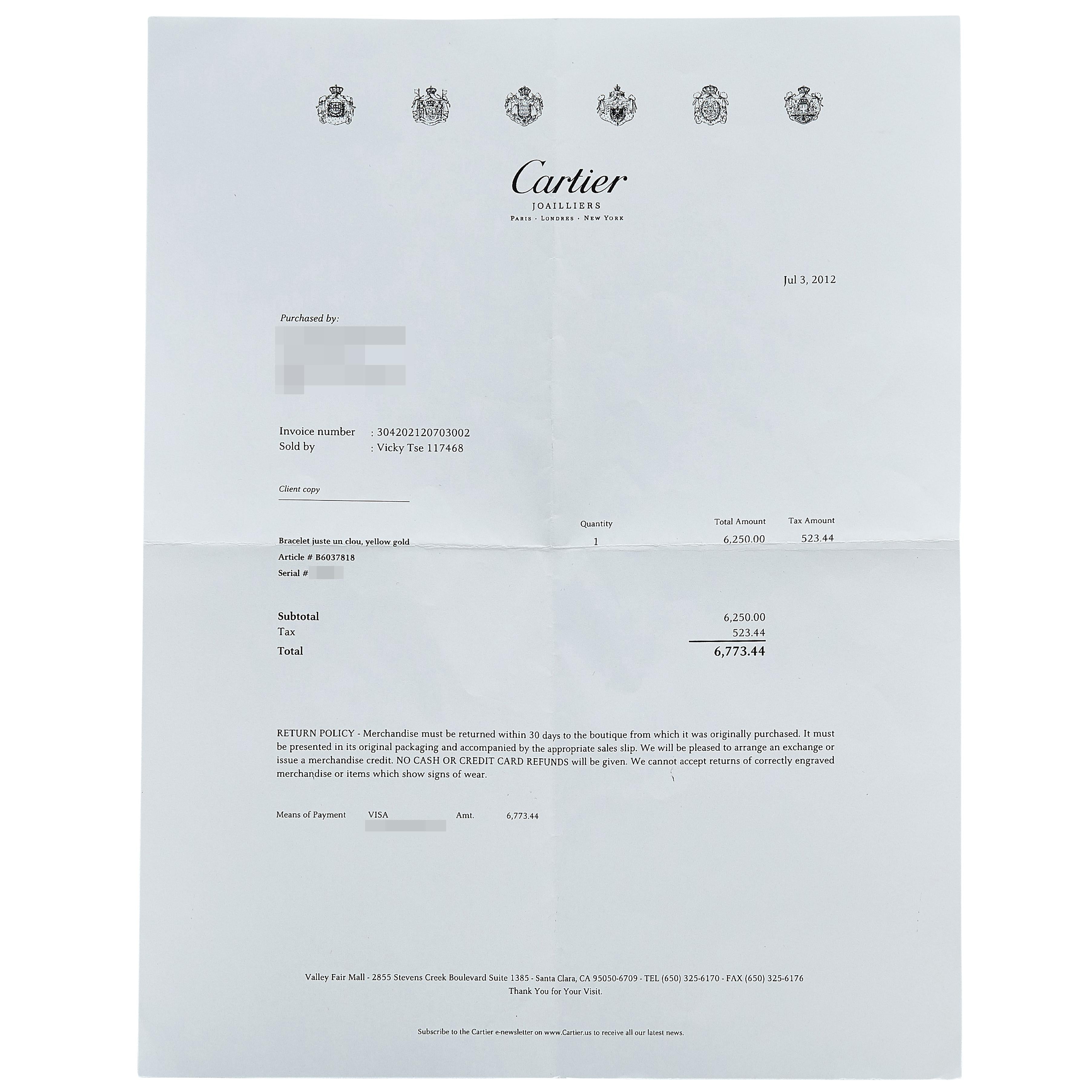 Cartier 18 Karat Yellow Gold Juste Un Clou Bracelet Size 18 with paper