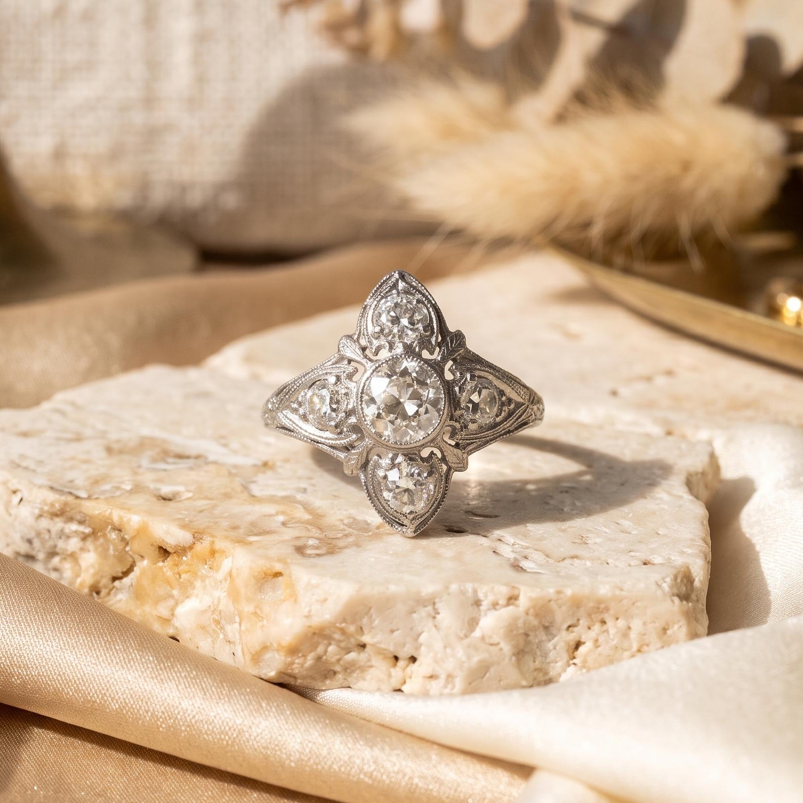 Vintage Platinum Art Deco Ring with 1.84ct Old European Cut Diamonds Size 6