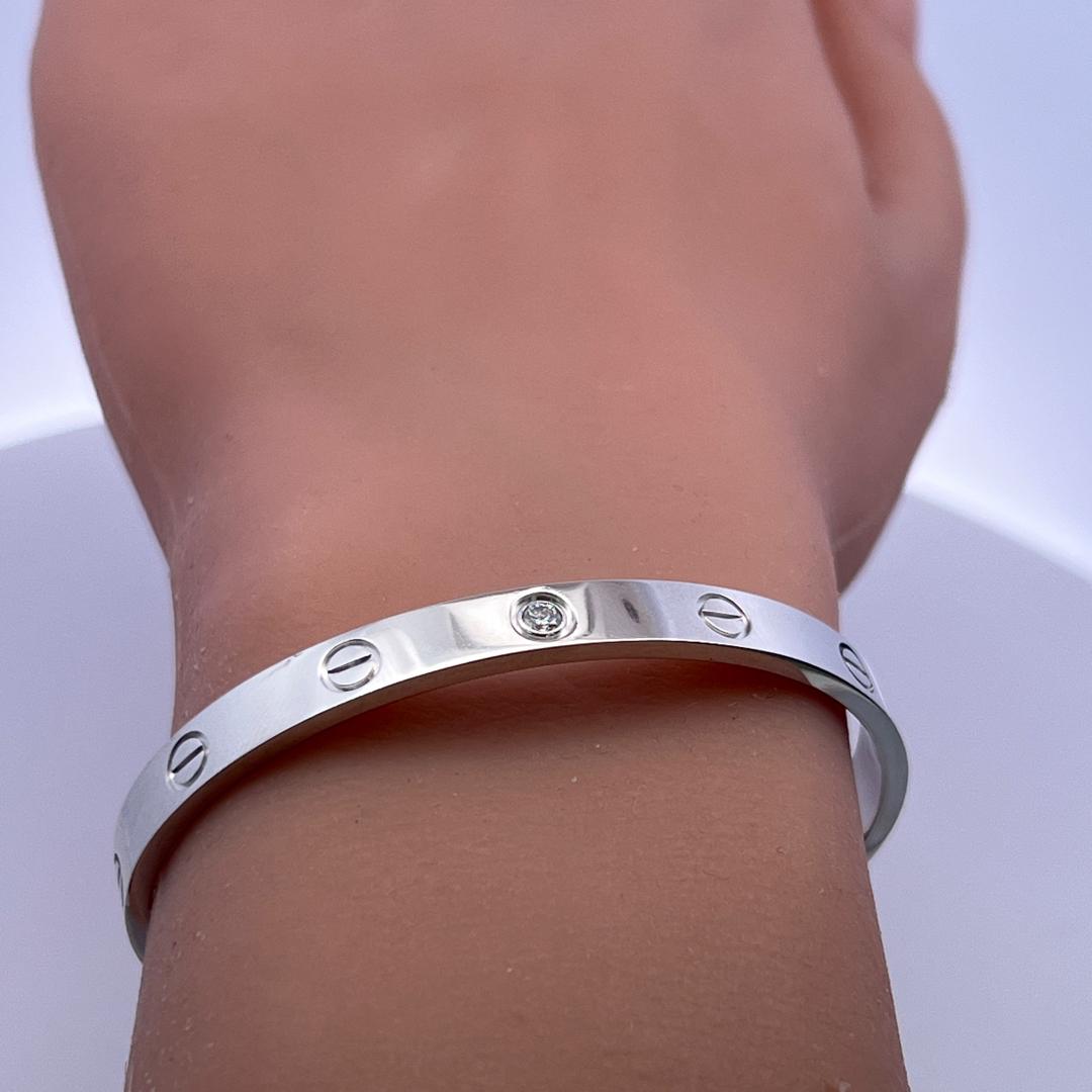 Cartier 18K White Gold Cuff Bracelet with 0.1 Carat Round F VVS Diamonds Size 17