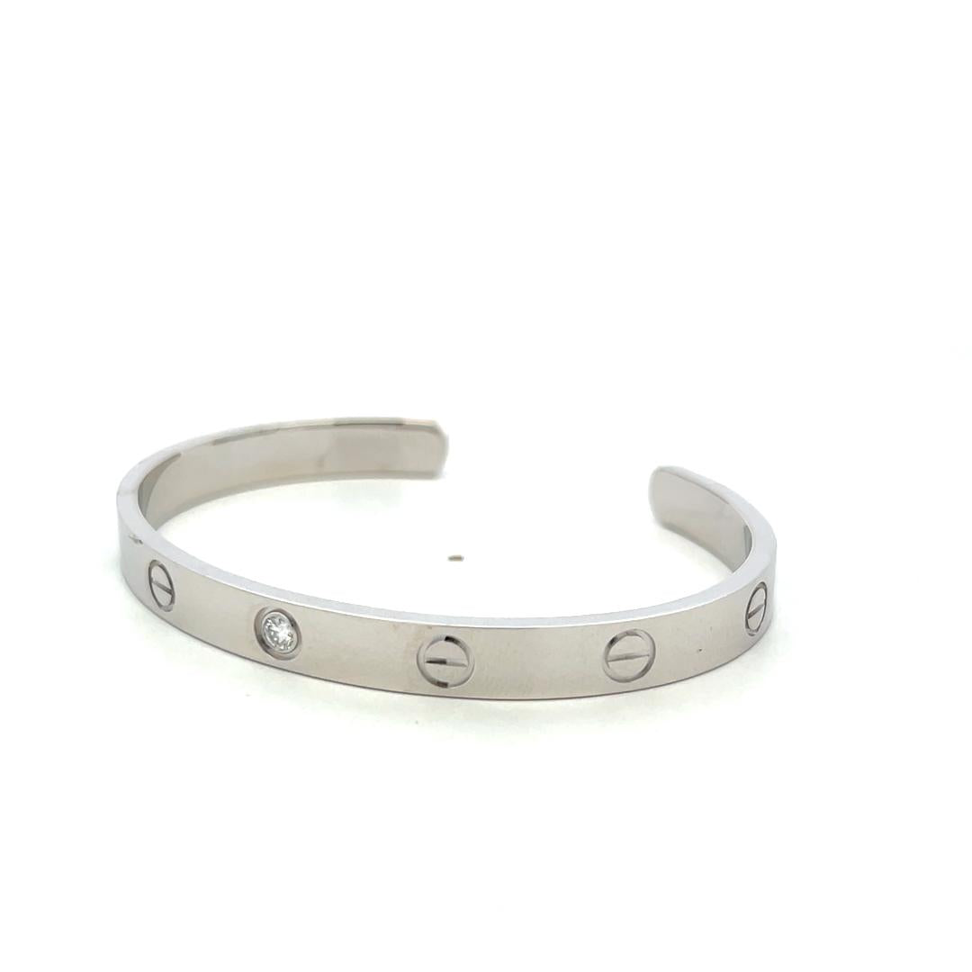 Cartier 18K White Gold Cuff Bracelet with 0.1 Carat Round F VVS Diamonds Size 17
