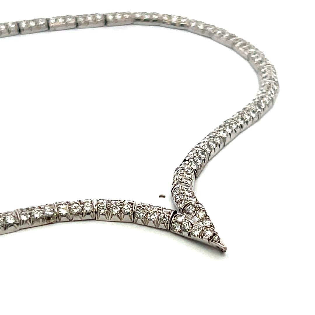 Vintage Gold Silver and Palladium V-shaped Necklace with 10.92 Carat Diamonds
