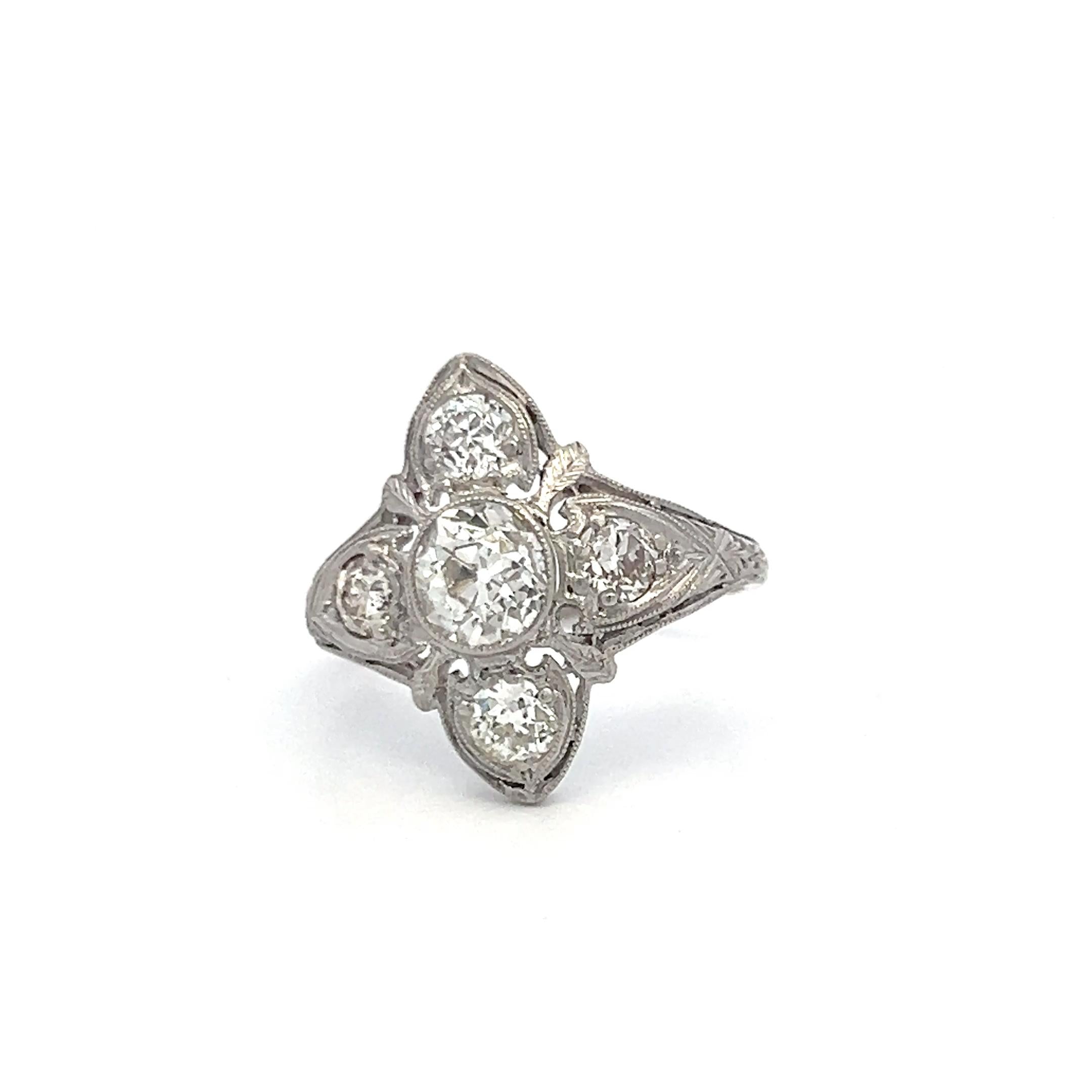 Vintage Platinum Art Deco Ring with 1.84 Carat Old European Cut Diamonds Size 6