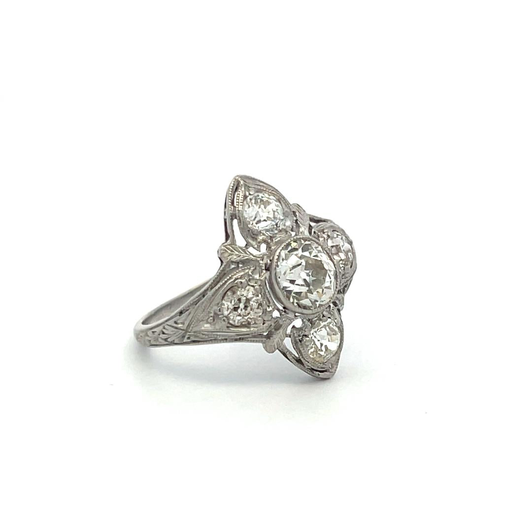 Vintage Platinum Art Deco Ring with 1.84 Carat Old European Cut Diamonds Size 6