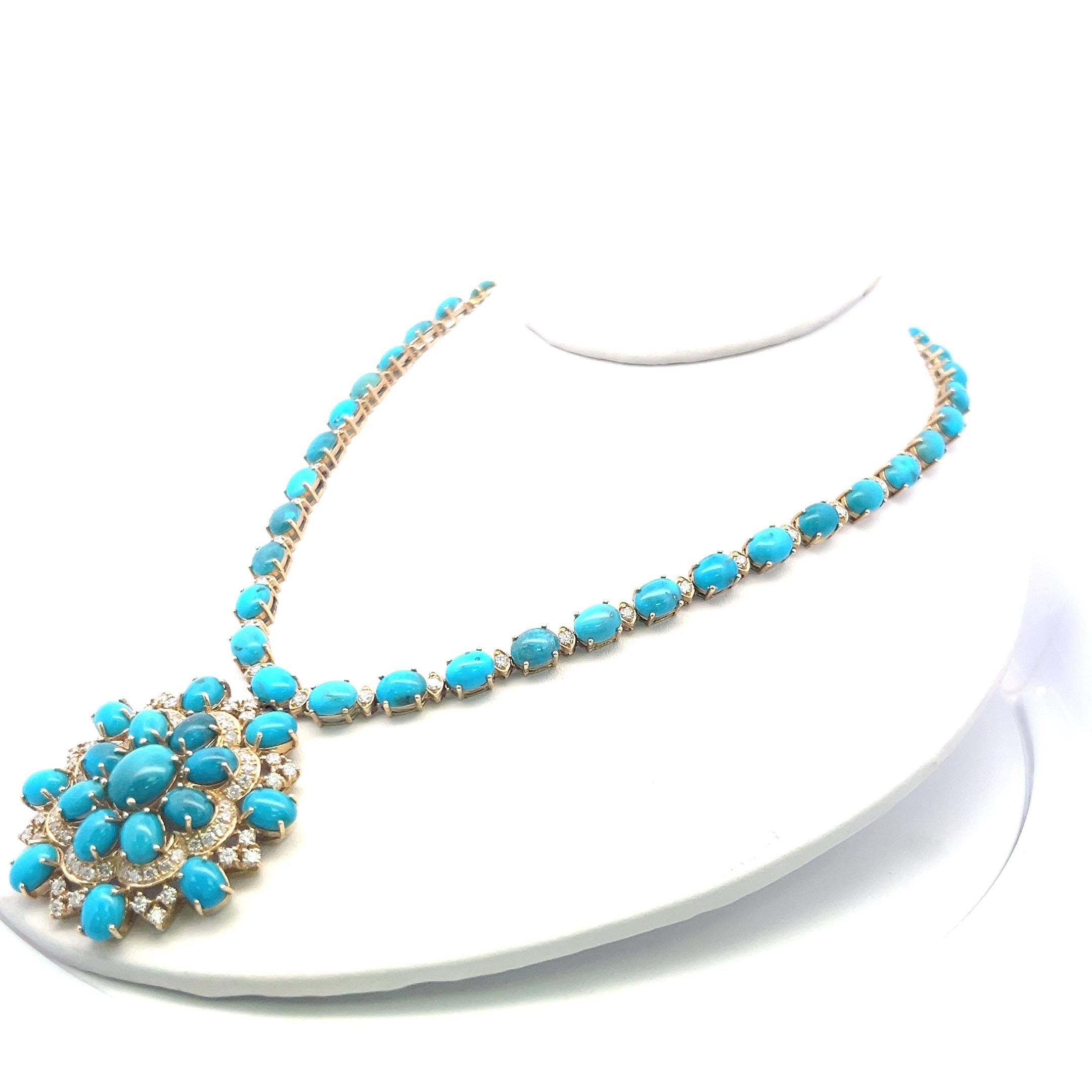 14K Yellow Gold Pendant Necklace 5.13ct Round G VS Diamonds & 60.65ct Turquoise