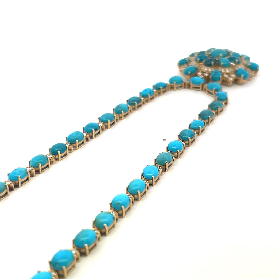 14K Yellow Gold Pendant Necklace 5.13ct Round G VS Diamonds & 60.65ct Turquoise