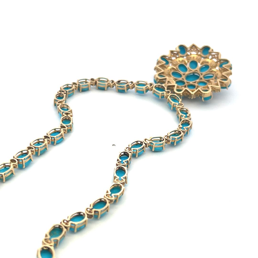 14K Yellow Gold Pendant Necklace 5.13ct Round G VS Diamonds & 60.65ct Turquoise