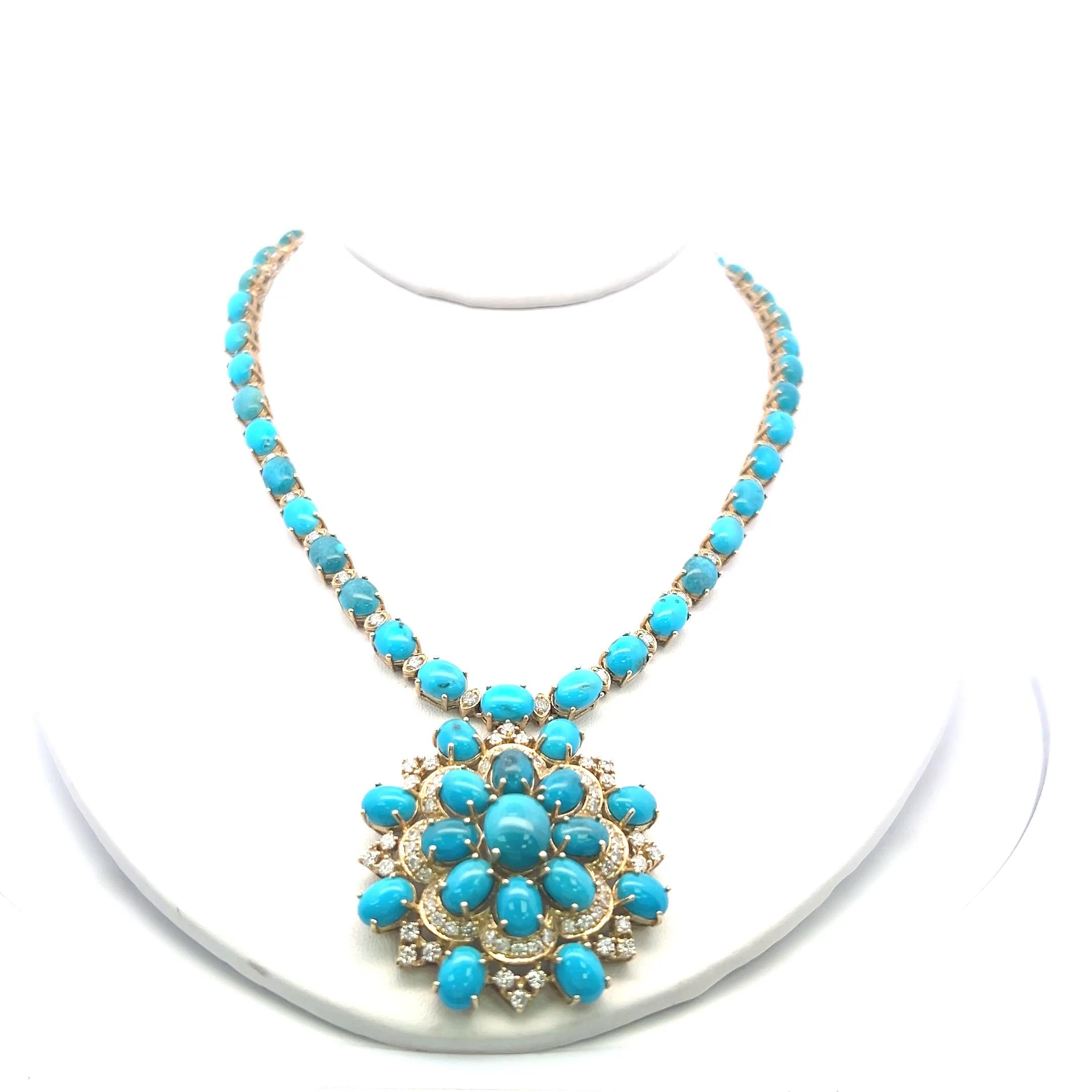 14K Yellow Gold Pendant Necklace 5.13ct Round G VS Diamonds & 60.65ct Turquoise