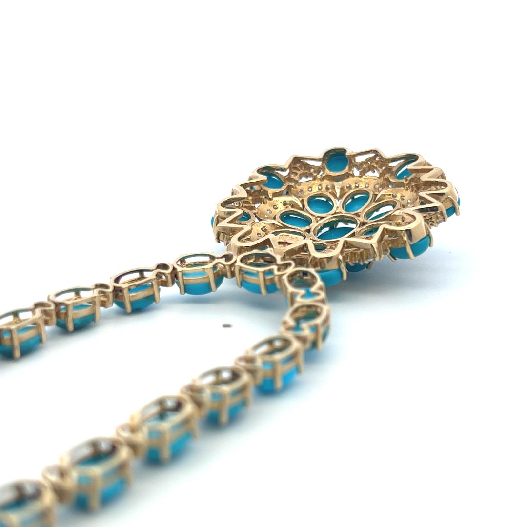 14K Yellow Gold Pendant Necklace 5.13ct Round G VS Diamonds & 60.65ct Turquoise