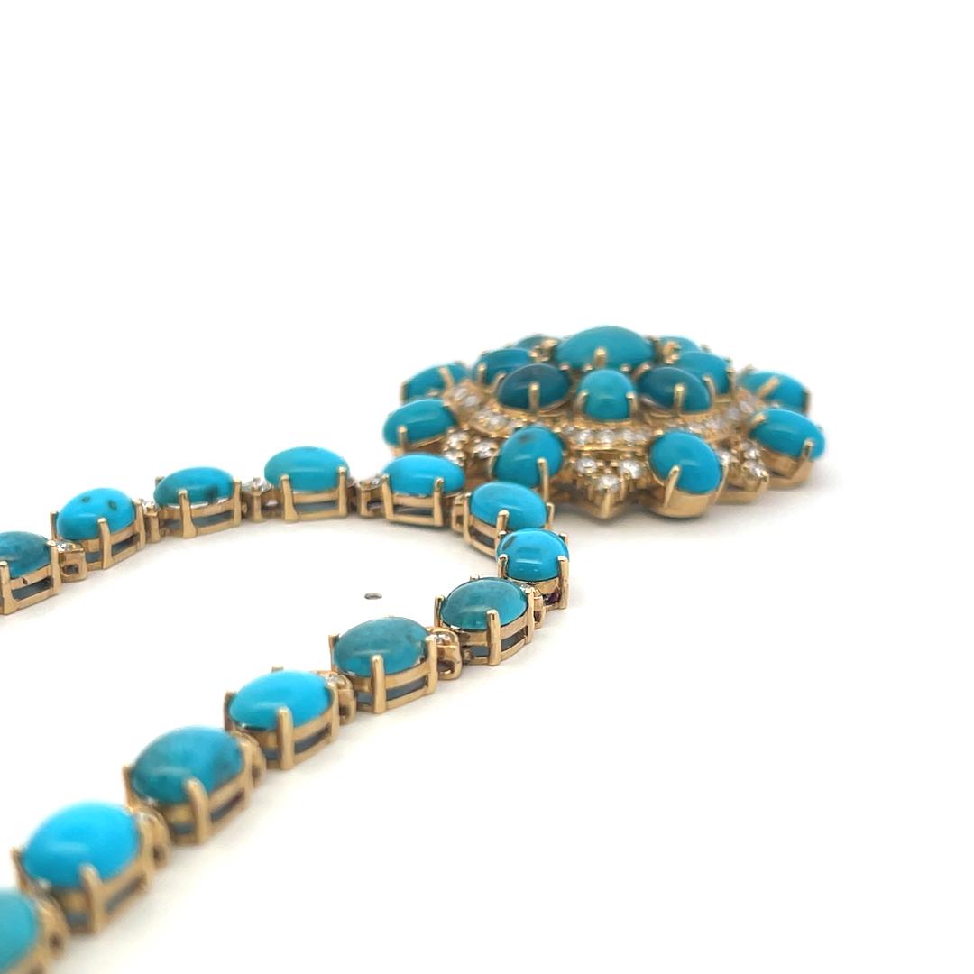 14K Yellow Gold Pendant Necklace 5.13ct Round G VS Diamonds & 60.65ct Turquoise