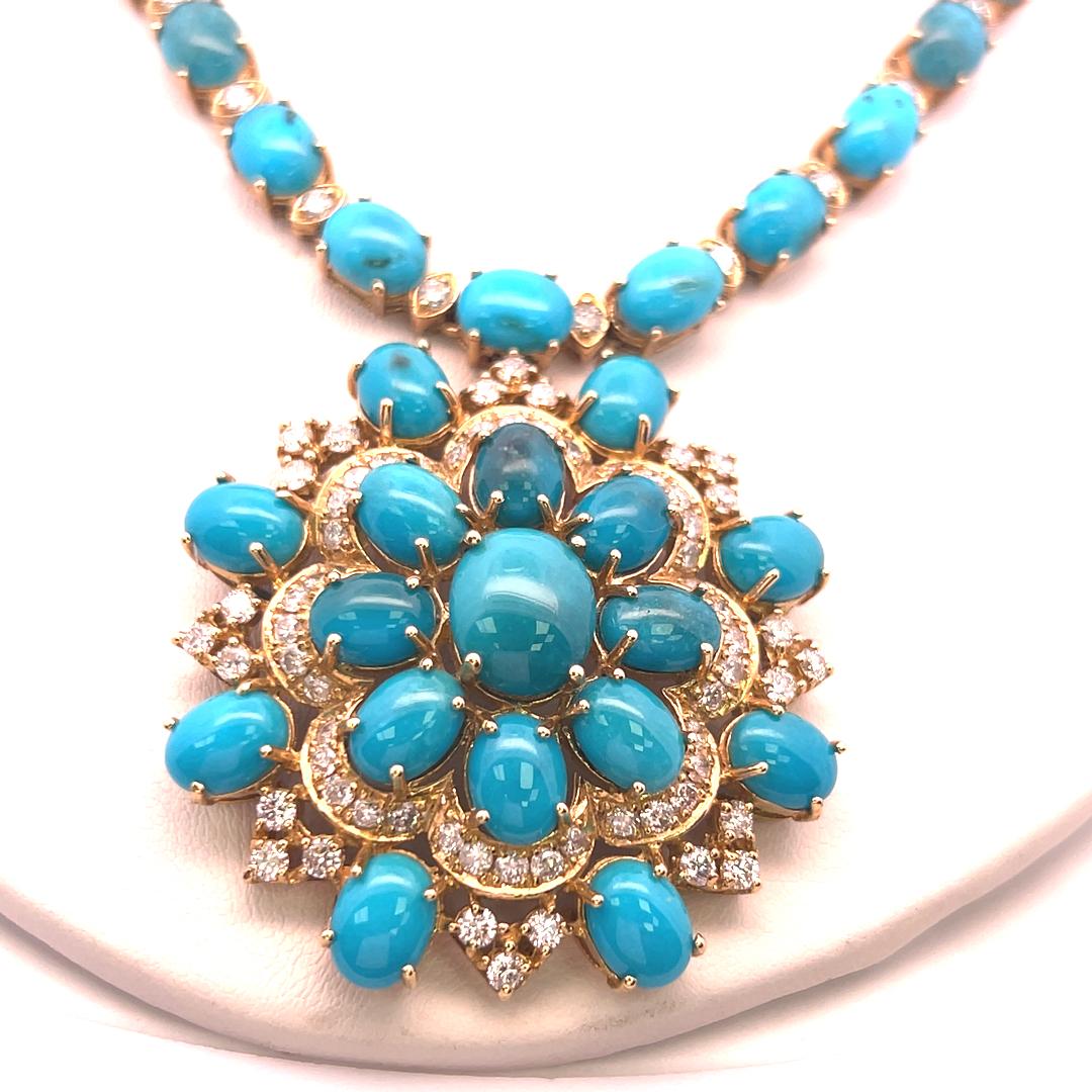 14K Yellow Gold Pendant Necklace 5.13ct Round G VS Diamonds & 60.65ct Turquoise