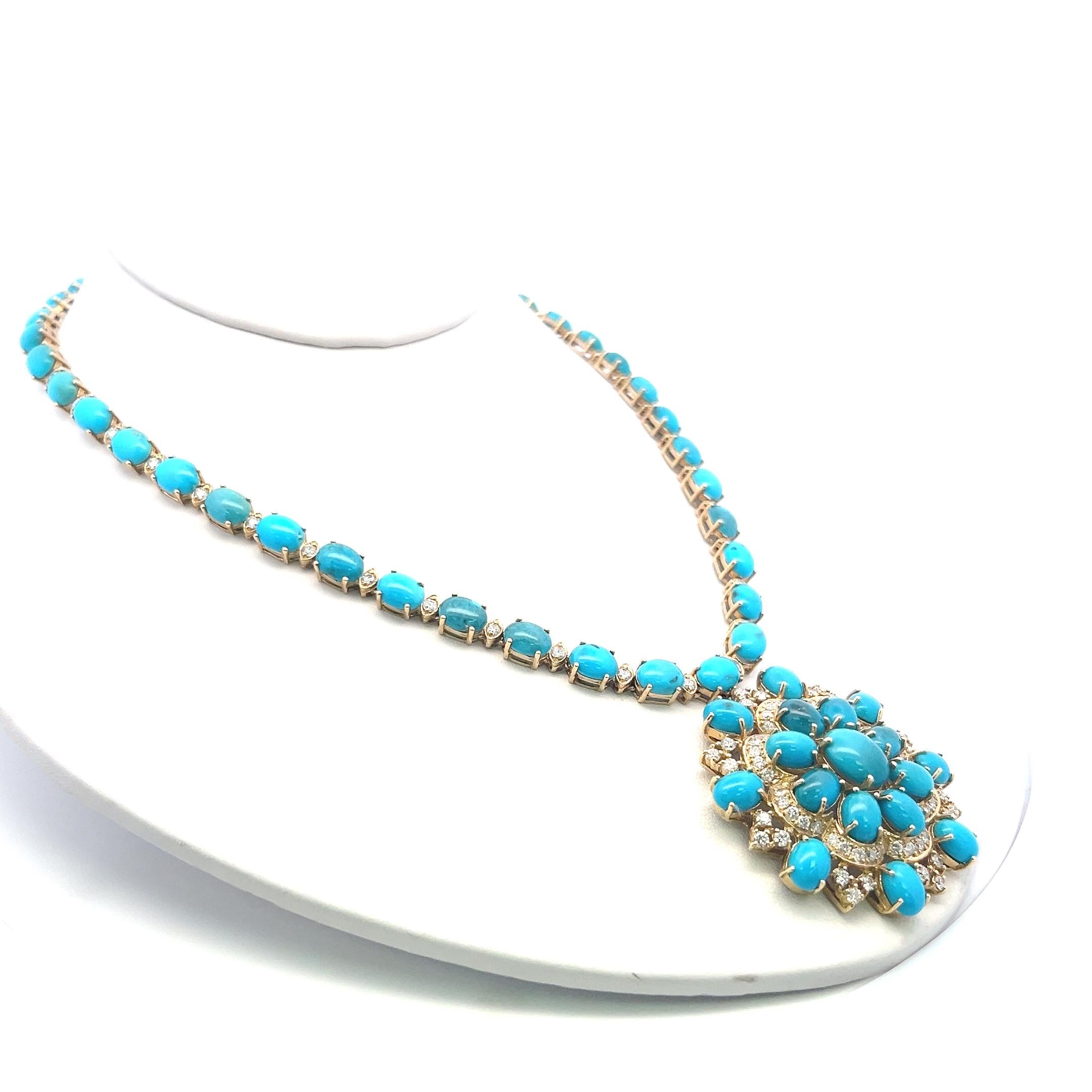 14K Yellow Gold Pendant Necklace 5.13ct Round G VS Diamonds & 60.65ct Turquoise