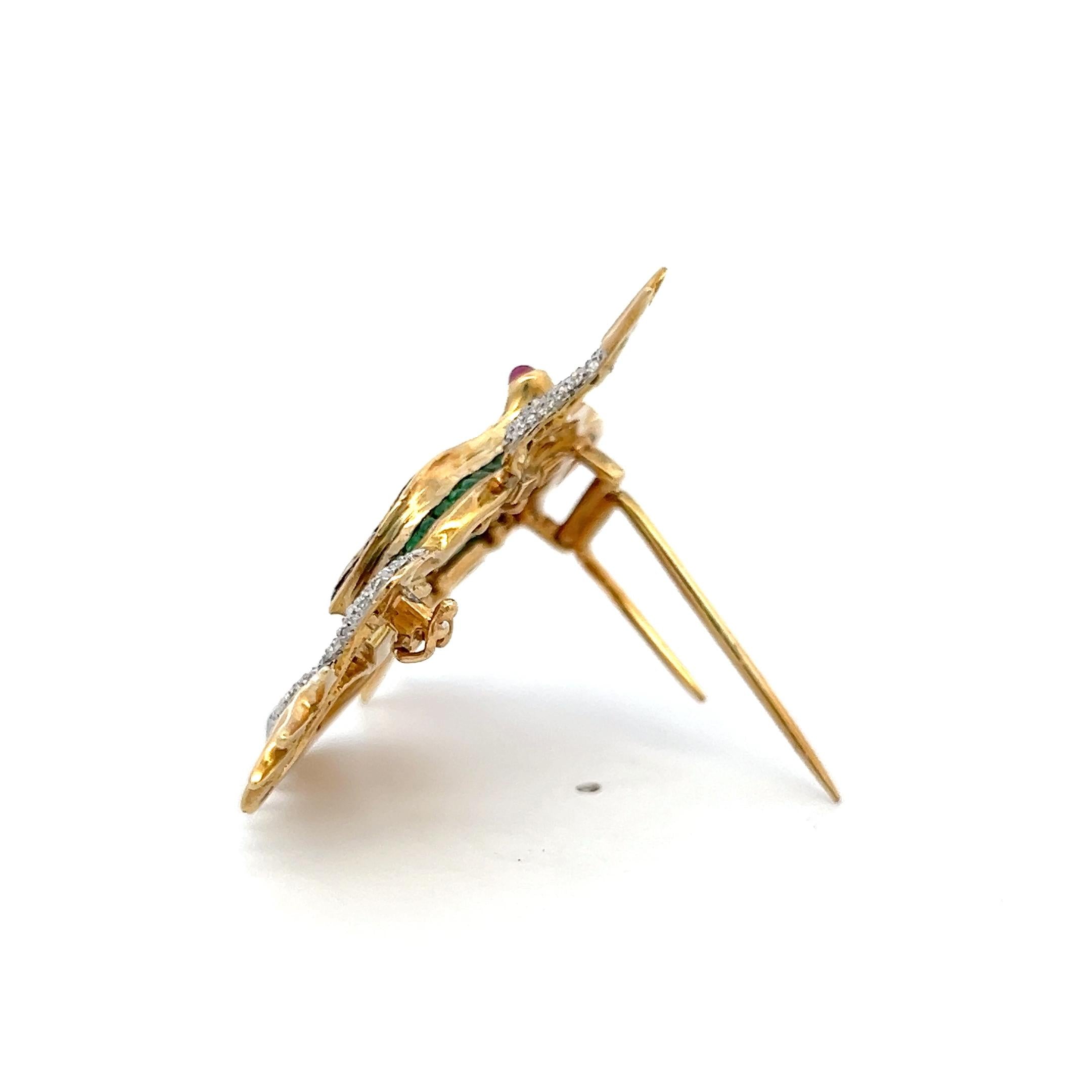 14K YG Frog Pin Brooch with 0.35ct Round Diamonds 0.75ct Sapphires 0.7ct Ruby
