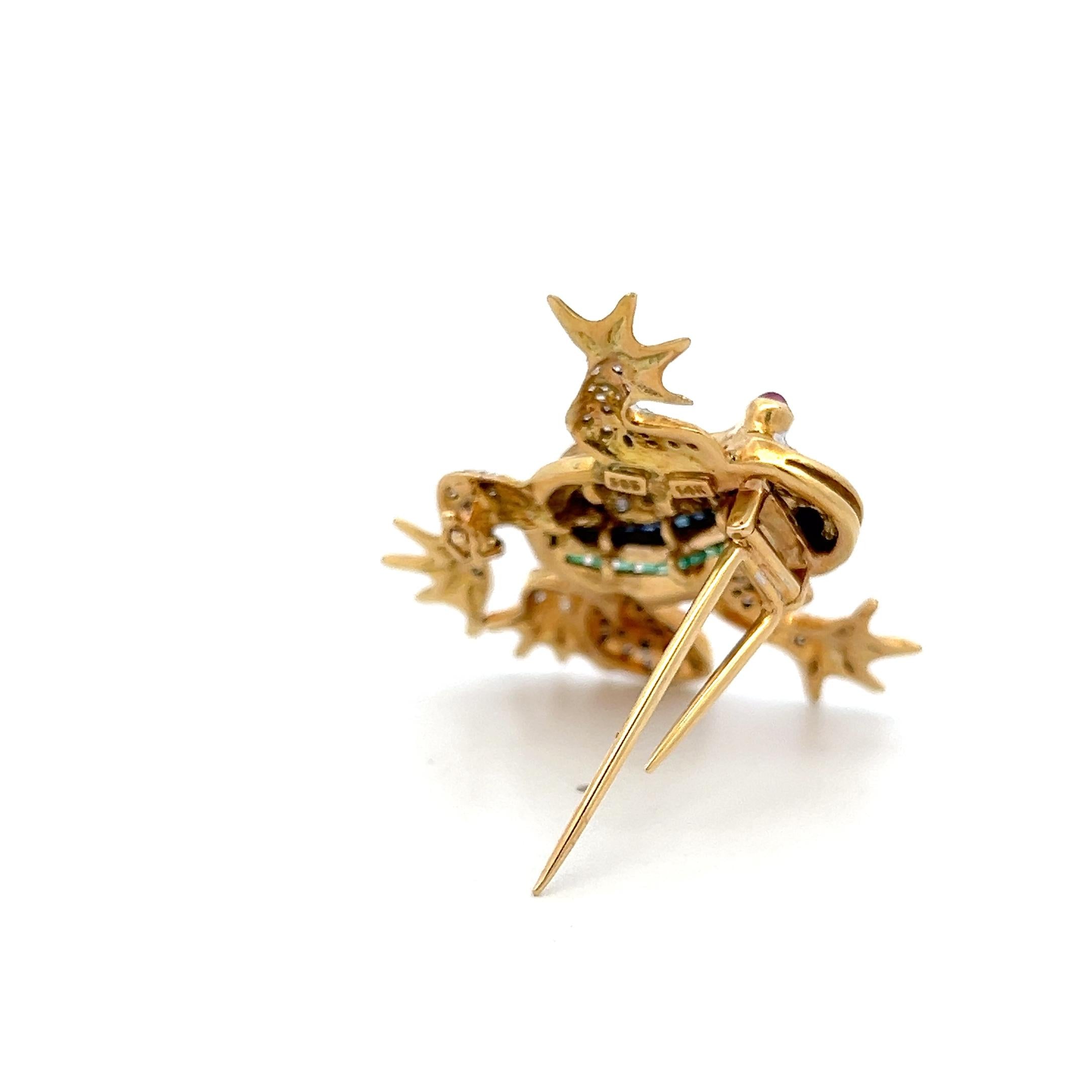 14K YG Frog Pin Brooch with 0.35ct Round Diamonds 0.75ct Sapphires 0.7ct Ruby
