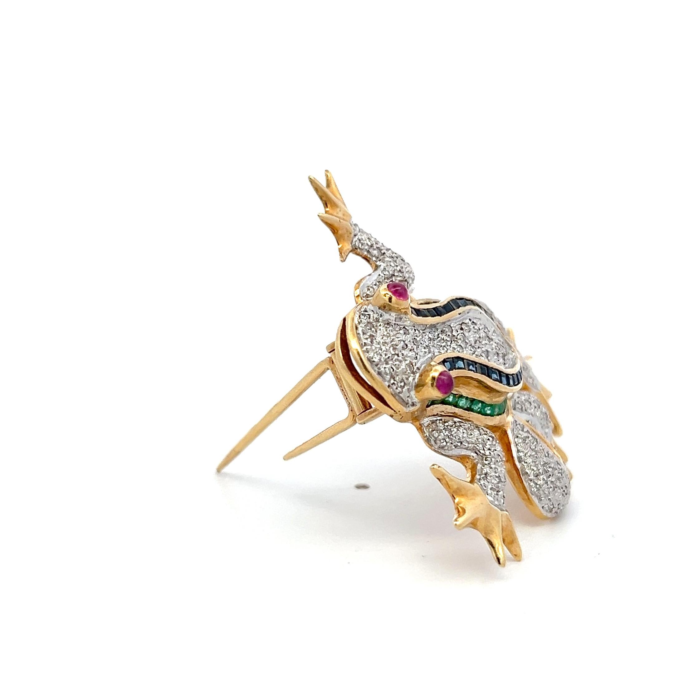 14K YG Frog Pin Brooch with 0.35ct Round Diamonds 0.75ct Sapphires 0.7ct Ruby