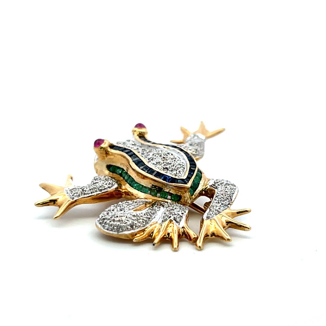 14K YG Frog Pin Brooch with 0.35ct Round Diamonds 0.75ct Sapphires 0.7ct Ruby