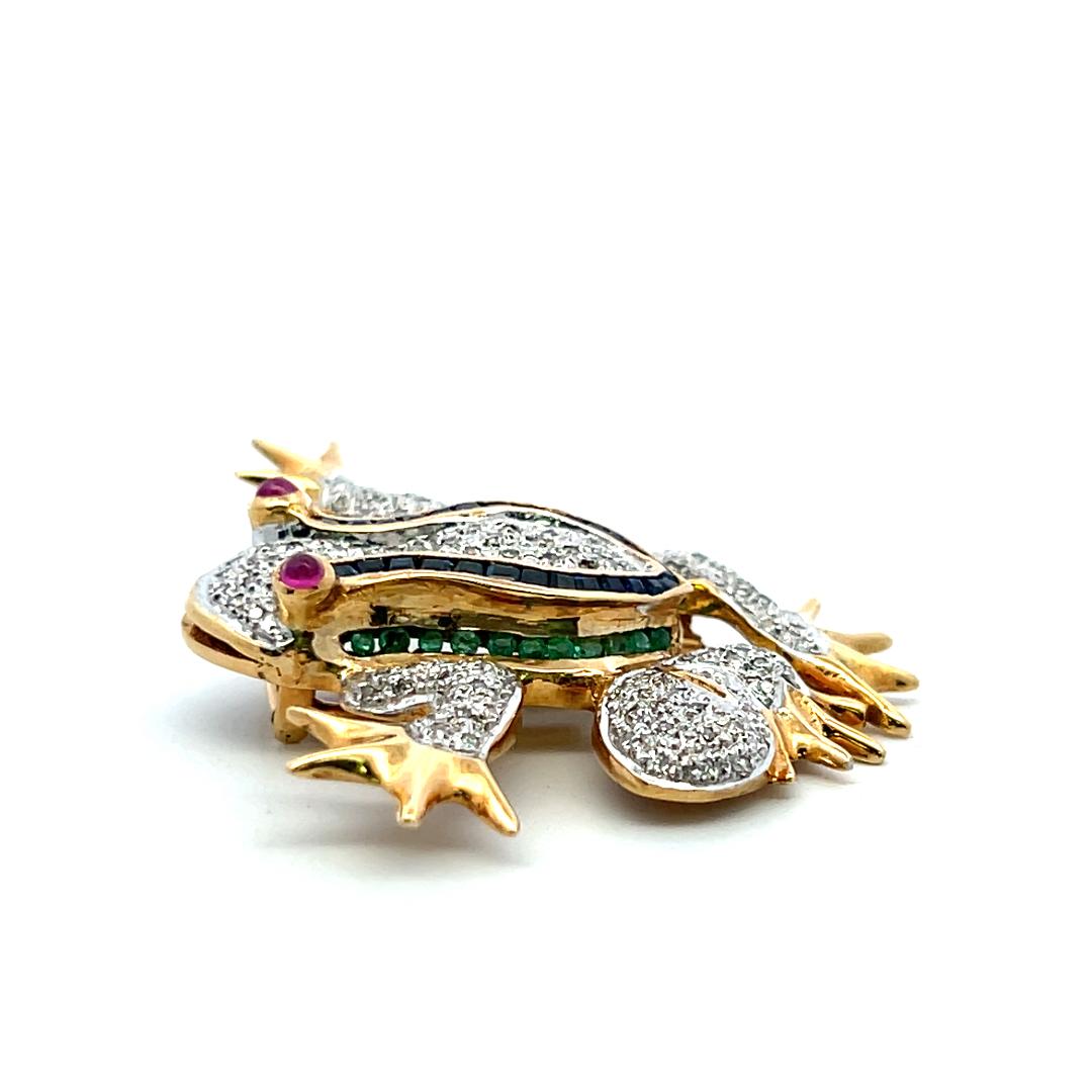 14K YG Frog Pin Brooch with 0.35ct Round Diamonds 0.75ct Sapphires 0.7ct Ruby