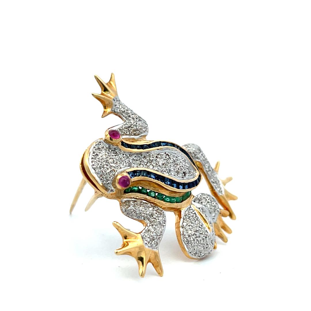14K YG Frog Pin Brooch with 0.35ct Round Diamonds 0.75ct Sapphires 0.7ct Ruby