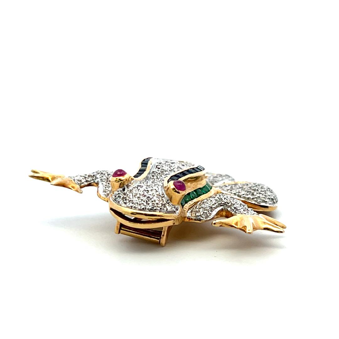 14K YG Frog Pin Brooch with 0.35ct Round Diamonds 0.75ct Sapphires 0.7ct Ruby