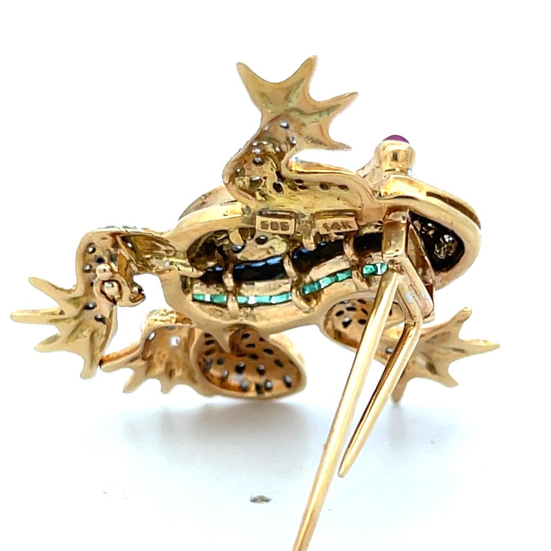 14K YG Frog Pin Brooch with 0.35ct Round Diamonds 0.75ct Sapphires 0.7ct Ruby