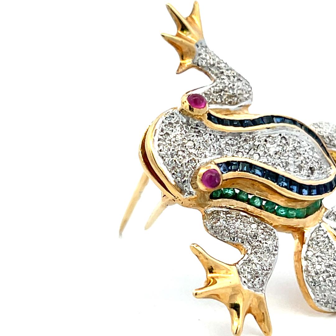 14K YG Frog Pin Brooch with 0.35ct Round Diamonds 0.75ct Sapphires 0.7ct Ruby