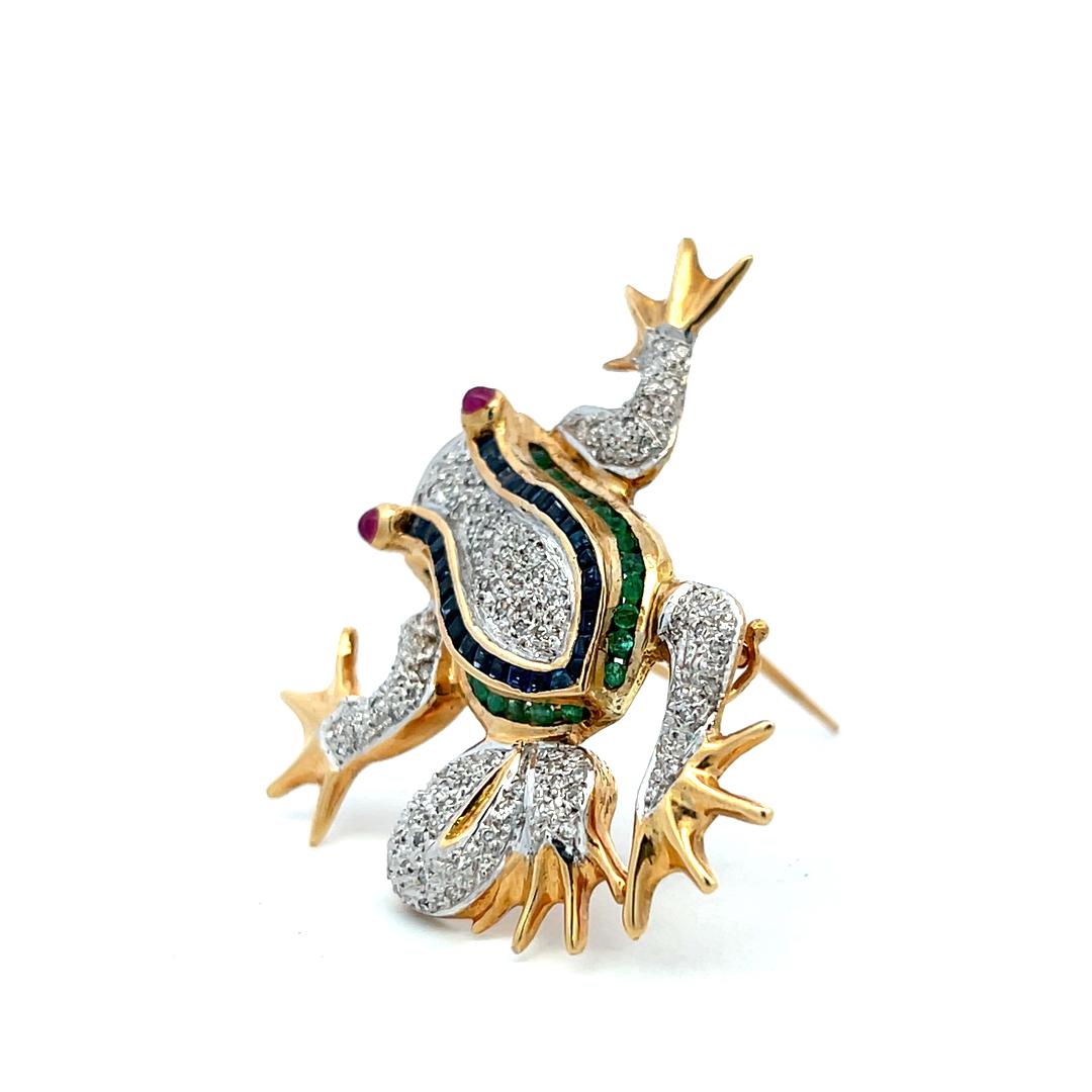 14K YG Frog Pin Brooch with 0.35ct Round Diamonds 0.75ct Sapphires 0.7ct Ruby
