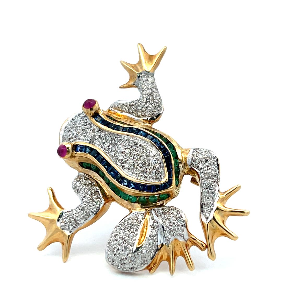 14K YG Frog Pin Brooch with 0.35ct Round Diamonds 0.75ct Sapphires 0.7ct Ruby