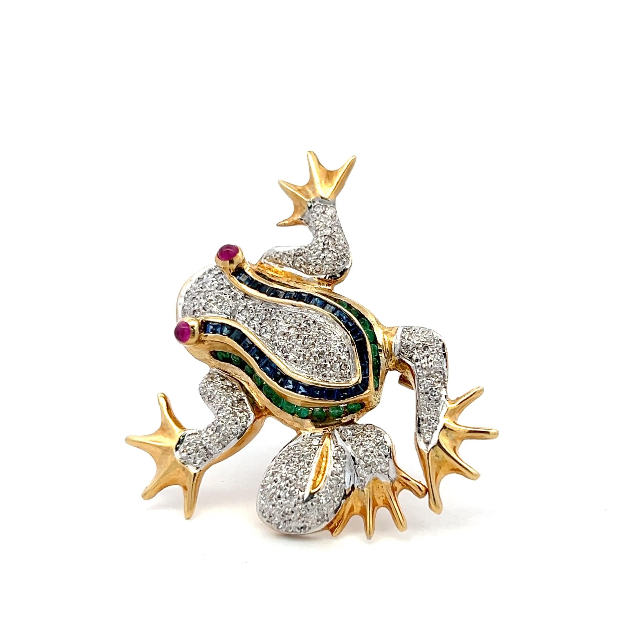 14K YG Frog Pin Brooch with 0.35ct Round Diamonds 0.75ct Sapphires 0.7ct Ruby