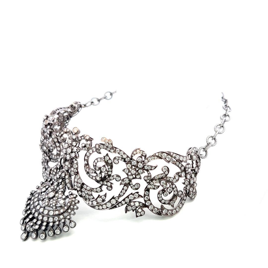 18K White Gold Choker Necklace with 22 Carat Round I VS Diamonds 14 Inch