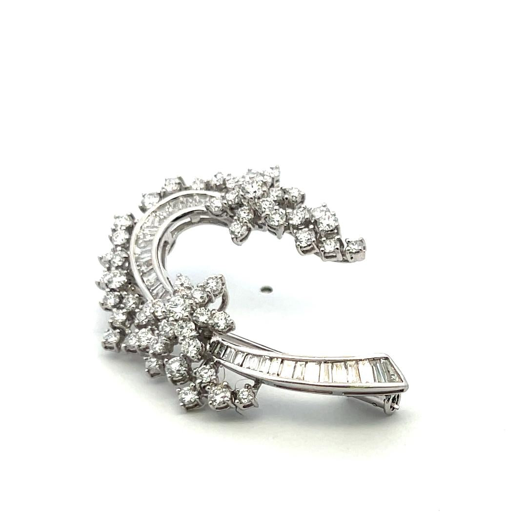 18K YG Pin Brooch with 3.76 Carat Round & Tapered Baguette Shape Diamonds