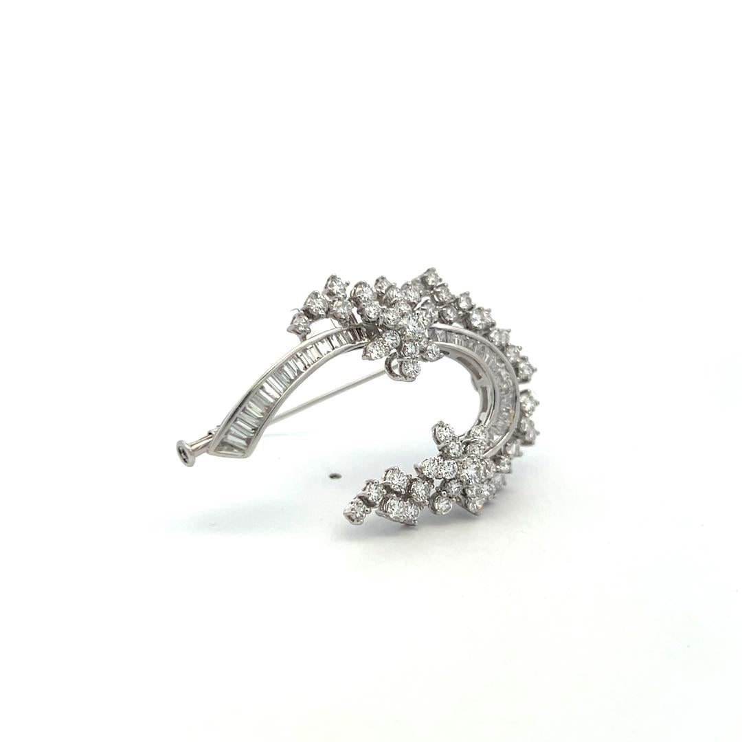 18K YG Pin Brooch with 3.76 Carat Round & Tapered Baguette Shape Diamonds