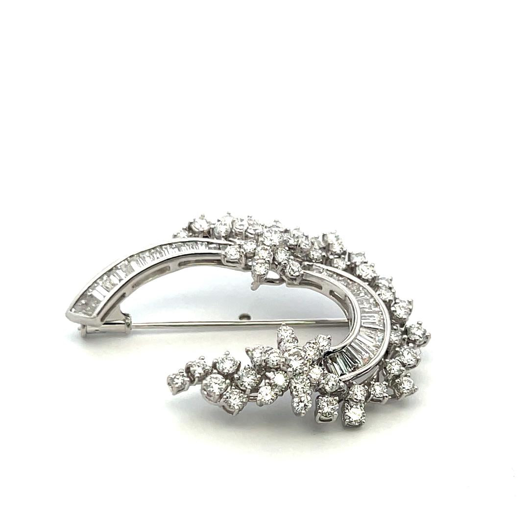 18K YG Pin Brooch with 3.76 Carat Round & Tapered Baguette Shape Diamonds