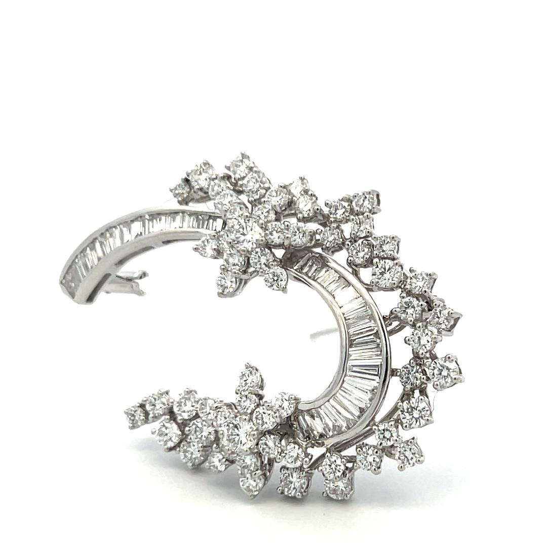 18K YG Pin Brooch with 3.76 Carat Round & Tapered Baguette Shape Diamonds