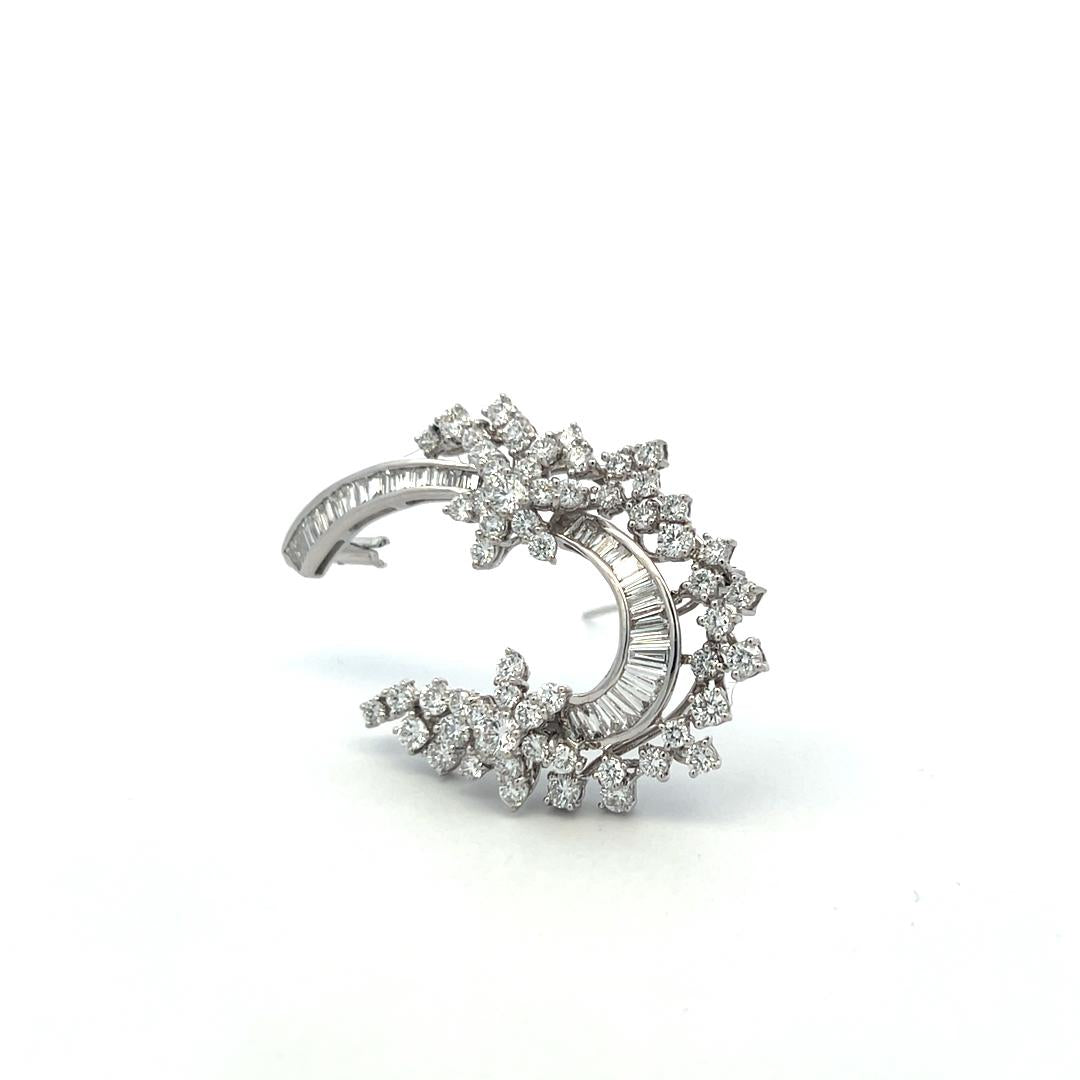 18K YG Pin Brooch with 3.76 Carat Round & Tapered Baguette Shape Diamonds