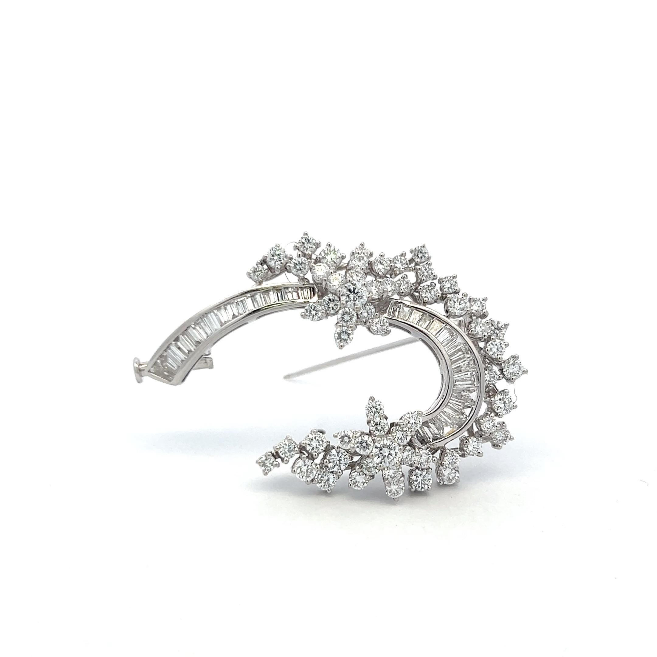 18K YG Pin Brooch with 3.76 Carat Round & Tapered Baguette Shape Diamonds