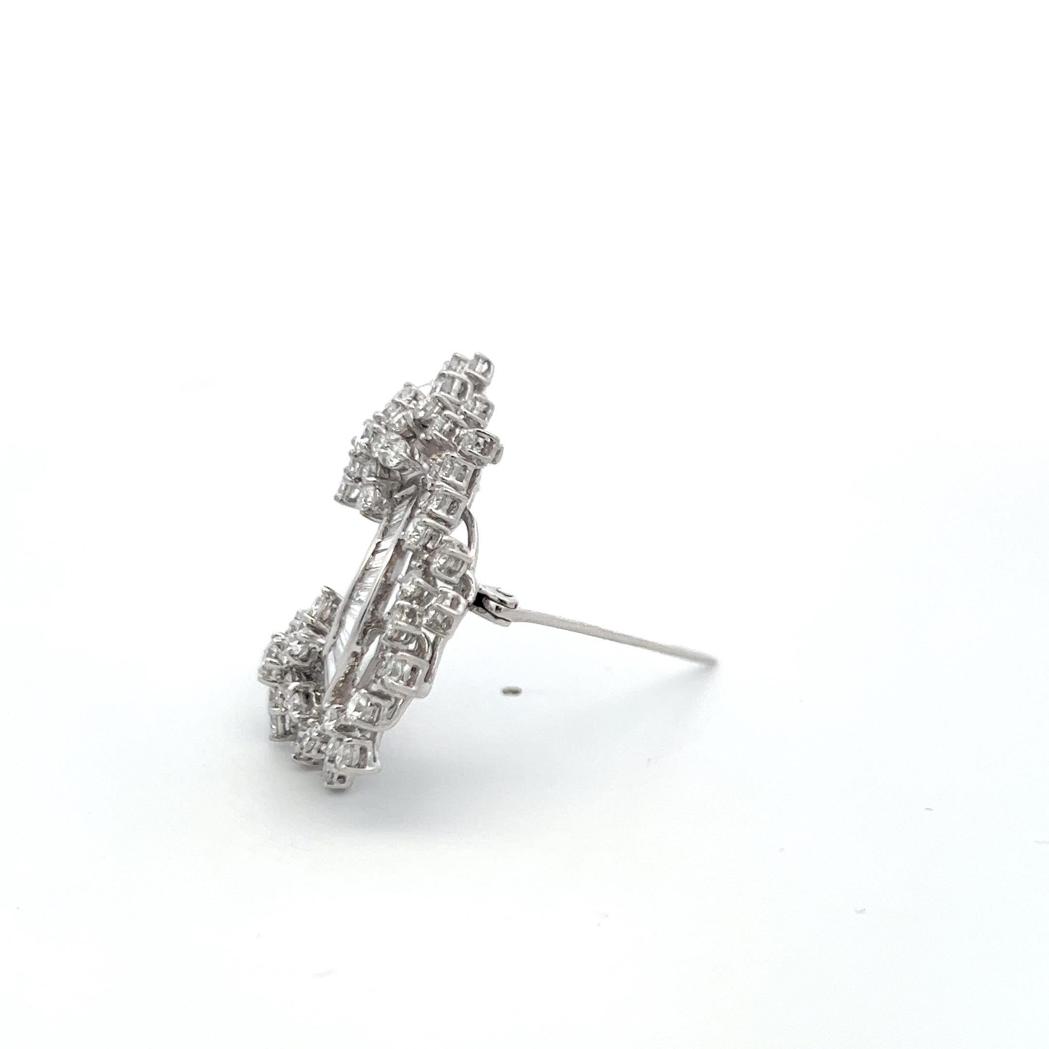 18K YG Pin Brooch with 3.76 Carat Round & Tapered Baguette Shape Diamonds
