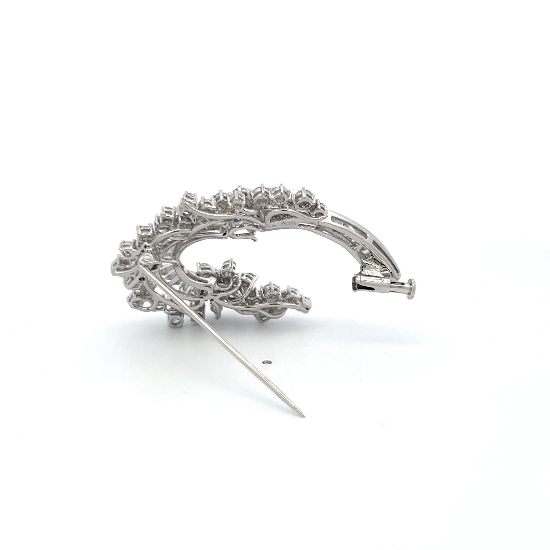 18K YG Pin Brooch with 3.76 Carat Round & Tapered Baguette Shape Diamonds