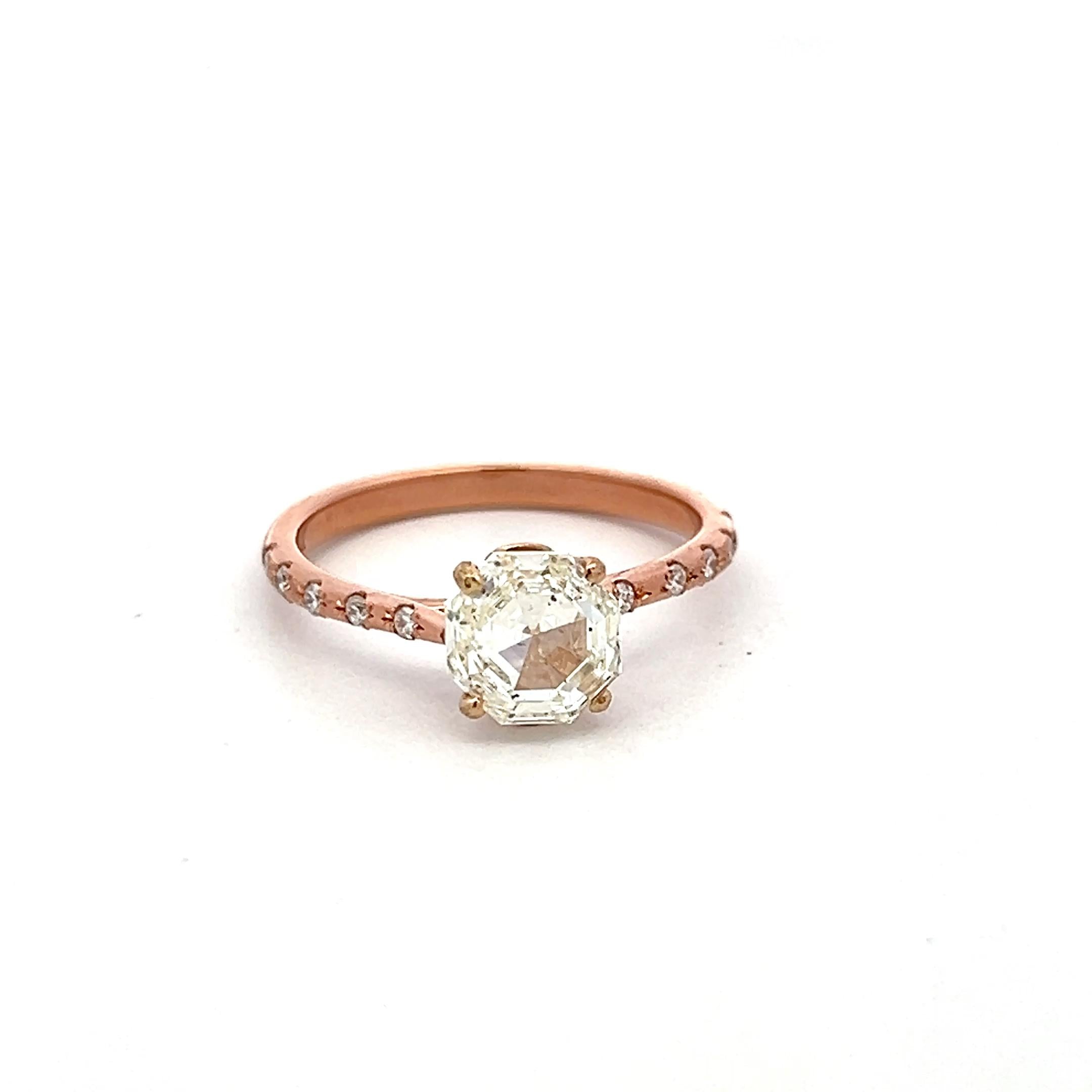 14K Rose Gold Engagement Ring 1.75 Carat Octagonal & Round Diamonds J SI2 GIA