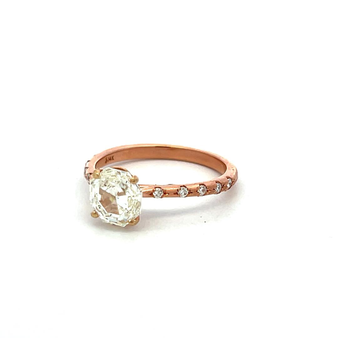 14K Rose Gold Engagement Ring 1.75 Carat Octagonal & Round Diamonds J SI2 GIA