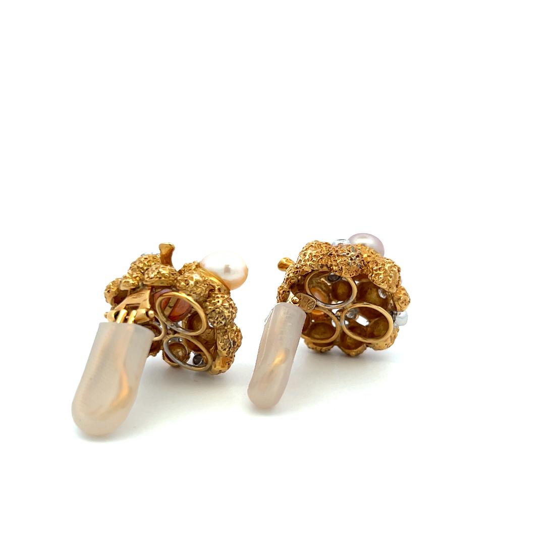 18K Yellow Gold Clip On Earrings with 0.66 Carat Round Diamonds 6.4-7.7mm Pearls