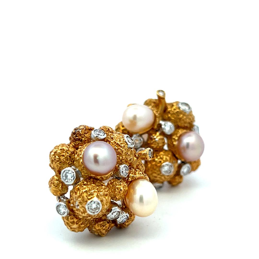 18K Yellow Gold Clip On Earrings with 0.66 Carat Round Diamonds 6.4-7.7mm Pearls