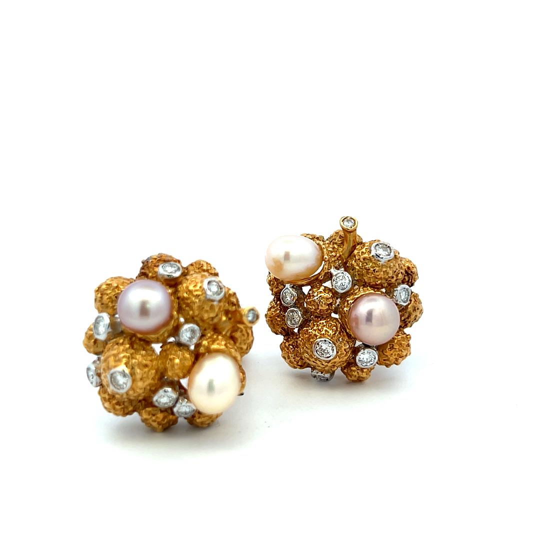 18K Yellow Gold Clip On Earrings with 0.66 Carat Round Diamonds 6.4-7.7mm Pearls