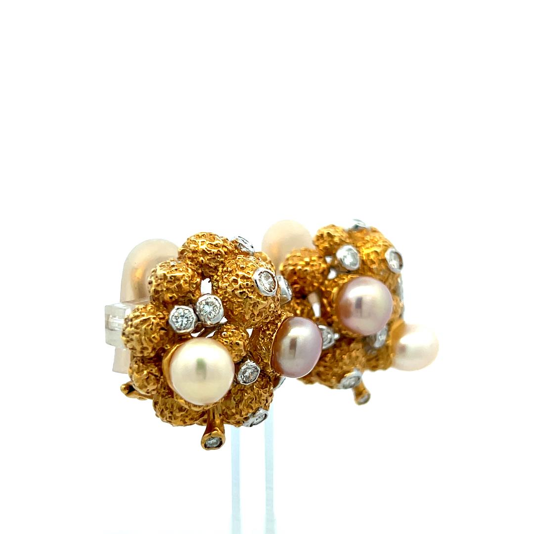 18K Yellow Gold Clip On Earrings with 0.66 Carat Round Diamonds 6.4-7.7mm Pearls