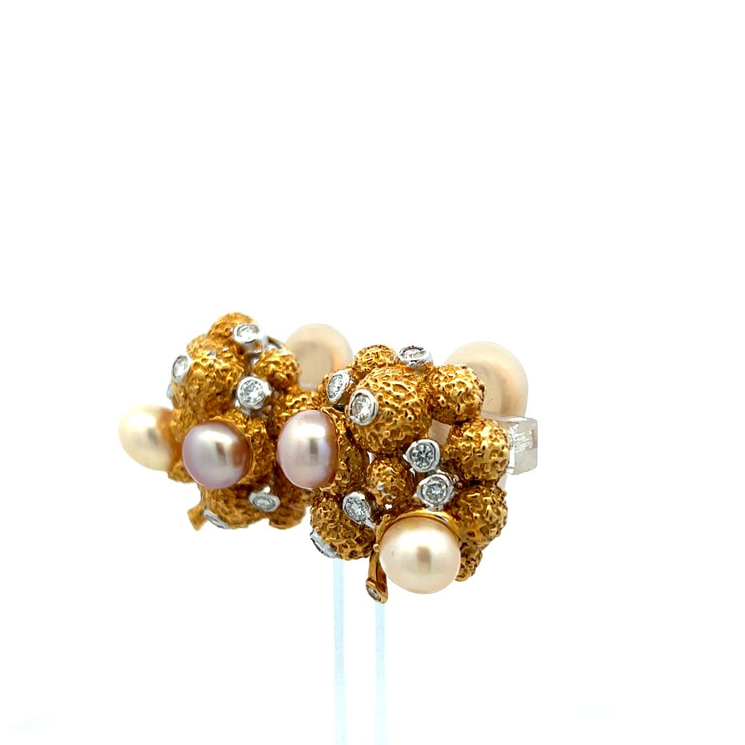 18K Yellow Gold Clip On Earrings with 0.66 Carat Round Diamonds 6.4-7.7mm Pearls