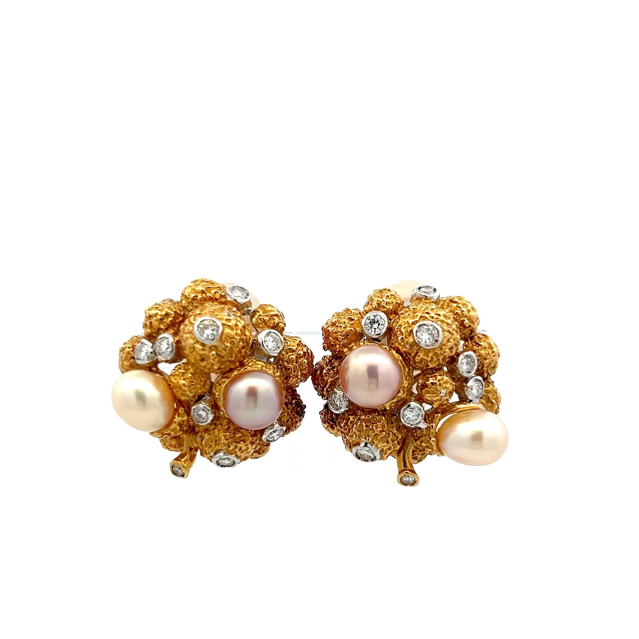 18K Yellow Gold Clip On Earrings with 0.66 Carat Round Diamonds 6.4-7.7mm Pearls