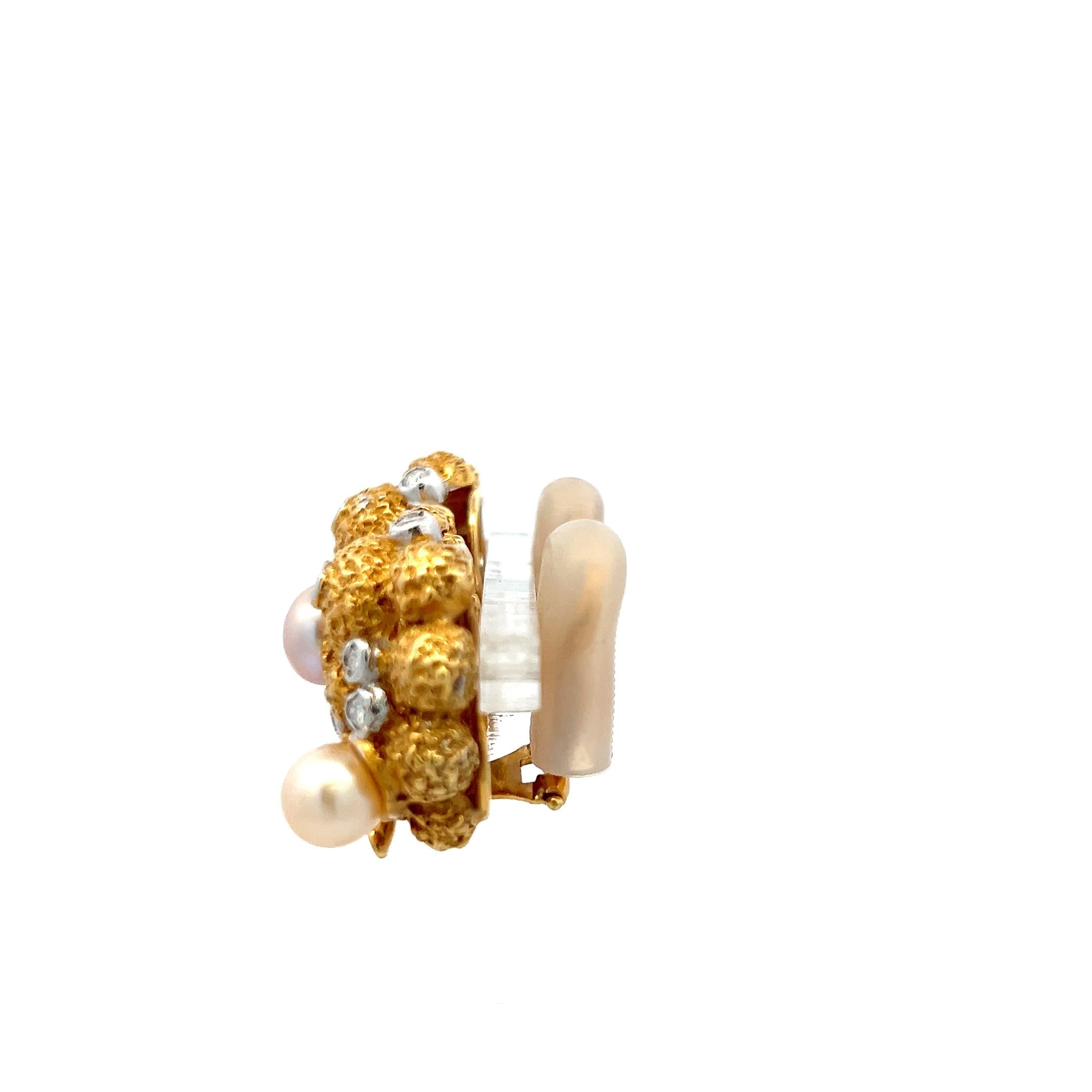 18K Yellow Gold Clip On Earrings with 0.66 Carat Round Diamonds 6.4-7.7mm Pearls